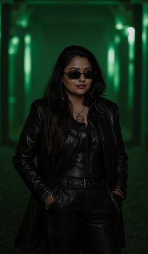 A photorealistic portrait of an Indian woman in her late 20s with dark brown skin, long straight black hair, and sharp features. She is dressed in a sleek black leather coat with futuristic, tech-inspired accessories. Her eyes are covered by black reflective sunglasses, giving her a mysterious, powerful look. The background is a dark, cyberpunk cityscape with green digital rain falling behind her, reminiscent of the Matrix. The lighting is low, with glowing neon lights reflecting off her leather outfit, enhancing the dramatic, action-movie atmosphere.
