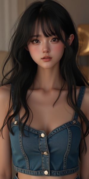 pretty 1girl, long straight black hair, wearing denim cover all fashion, super high quality, real images, lifelike, real skin, soft lighting, Cinematic, (Surrealism: 1.2), (8K UHD: 1.2), (Photorealism: 1.2), Shot with medium format camera, Professional camera, Perfectly Delicate and Rich in Detail, (masterpiece, top quality, best quality, official art, beautiful and aesthetic:1.2), (((1girl))), dynamic pose, extreme detailed,Big bearsts,Curvy plump women:1,  

 (RAW photo, best quality), (realistic, photo-Realistic:1.1), best quality, masterpiece, beautiful and aesthetic, 16K, (HDR:1.2), high contrast, (vibrant color:1.3), (muted colors, dim colors, soothing tones:0), cinematic lighting, ambient lighting, sidelighting, Exquisite details and textures, cinematic shot, Warm tone, (Bright and intense:1.1), wide shot, by xm887, ultra realistic illustration, siena natural ratio,	head to thigh portrait,	long Wave hair, 