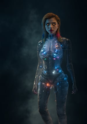 photorealistic,portrait of hubggirl, A dramatic shot unfolds against a dark, smoky backdrop, a stunning cybernetic girl stands tall within a docking station's metallic confines. She gazes intensely through enhanced sensory capabilities, her porcelain skin illuminated by the glass rib cage's soft glow and refracted holographic projections. Rainbow-hued hair cascades down her back in an asymmetrical long style, as neon cables and gears pulse inside her transparent torso. A Special Operator robot reclines nearby, its silver locks falling in elegant waves down its armored physique. The scene is set against the ruins of a futuristic mining facility, with bioluminescent attire casting a soft glow on the glass warrior woman's transparent torso, highlighting intricate Rococo-inspired cyberpunk details and delicate ruffles adorned with metallic sheen.,Sree