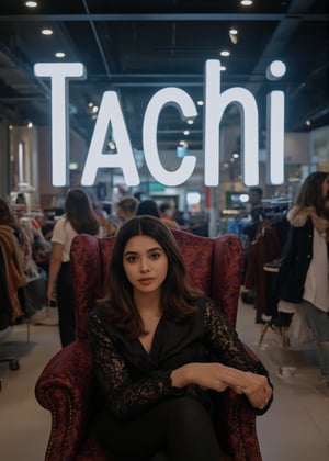 A beautiful woman sits elegantly on a luxurious throne in the center of a stylish boutique dress shop. Behind her, the name of the shop, "Tachi," is displayed prominently in glowing, oversized letters, with cinematic lighting highlighting the scene. In the background, some girls are walking around, browsing through the clothing racks. The focus is on the woman and the bold, glowing shop name, blending seamlessly into the stylish environment.,Tanyx