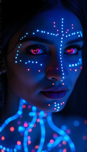 Alien species:1.2, non human , Symmetrycal neon line on face and body, Face close up, Photo of a mystical fantasy bioluminescent neon woman, glowing dots on face, glowing neon saree ,Light particles Glowing skin spot,Glowing dots on body