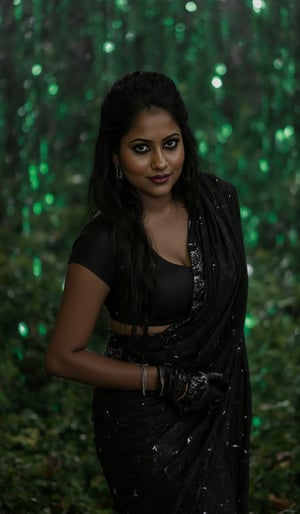 A photorealistic portrait of an Indian woman in her late 20s with dark brown skin, long straight black hair, and sharp features. She is dressed in a sleek black saree with futuristic, tech-inspired accessories. Her eyes  giving her a mysterious, powerful look. The background is a dark, cyberpunk cityscape with green digital rain falling behind her, reminiscent of the Matrix. The lighting is low, with glowing neon lights reflecting off her leather outfit, enhancing the dramatic, action-movie atmosphere.
