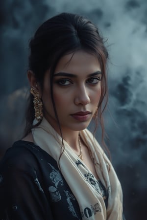 A close-up shot of a Indian woman in a black and white saree, adorned with gold earrings and a gold necklace. The woman's hair is pulled back in a ponytail, adding a touch of color to her face. The background is blurred, creating a stark contrast to the woman's outfit. The saree she is wearing is cream in color, with a black pattern on it. She is wearing a cream scarf around her waist, adding texture to her outfit.,Fantasy cosplay,Tran A dramatic shot, smoky backdrop, a stunning cybernetic girl, metallic confines. She gazes intensely through enhanced, hair soft glow and refracted holographic,