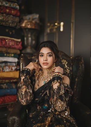 A modern, beautiful woman sits elegantly on a throne inside a stylish boutique shop. So many ethnic wears in background, (((The background features a wall with the shop's name "TACHI" clearly visible))). So many cloth in shop, ladies cloth, She exudes confidence and sophistication, with her fashionable attire complementing the luxurious ambiance of the boutique. The shop is decorated with sleek, contemporary designs, and the lighting highlights both the woman and the shop's details. The throne she sits on is ornate yet modern, blending seamlessly with the chic atmosphere of the store.

This breathtaking photograph, shot on a Canon 1DX with a 50 mm f/2.8 lens, beautifully showcases the raw and authentic beauty of life. high resolution 8k image quality,

The image is captured using a Fujifilm cinematic camera, with dramatic cinematic lighting enhancing the deep shadows and bright highlights. making her the clear focal point. The camera angle is low, looking slightly upwards to give her an empowering, larger-than-life presence. The textures of the costume and her skin are rendered in high definition, with the soft, natural lighting adding a dreamlike quality to the image.,Tanyx