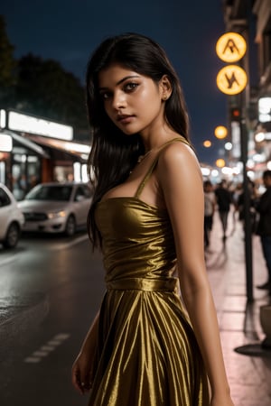 Beautiful girl in a  cyberpunk city, cinematic colour grading, traditional dress, (((blade runner 2077, futuristic, bioluminous, neon light)), amazingly beautiful, long brown hair, fair skin, side pose, looking at viewer, on a Paris street, cafe in background, sexy ((red dress)), bare shoulders, big breasts, masterpiece, best quality, face focus, fashion photography, yellow, blue, photorealistic, highly detailed, (symmetrical green eyes),realistic,1 girl,Mallu 18 old babe,perfect,,Mallu,photorealistic