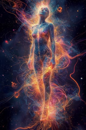 A cosmic vision of a seductive woman, her body emitting radiant energy and glowing plasma. Her form is lifelike and detailed, rendered in ultra-high definition, with her skin reflecting a soft neon glow. Swirling energy fields surround her, as vibrant plasma flows from her body into the cosmic background of stars and galaxies. The overall scene is a masterpiece, blending the sensual beauty of the woman with otherworldly cosmic power.
