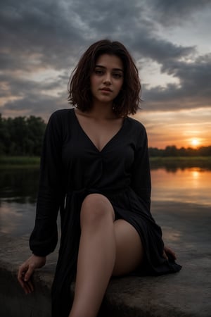 Best work, (Best quality, ,HDR, 8k, 32k, raw photo, photorealistic, UHD:1.2), beautiful 20 year old girl in long black dress at the lakeside in a forest, eyes, pink hair, detailed face, perfect face, pond, dark sky, lights in the background, realism, red sky, detailed sky, realistic clouds, sun, bright environment, late afternoon, sun rays in the clouds