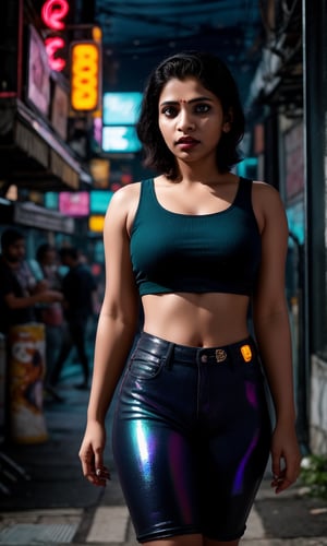 A striking Malayali woman in a cyberpunk-themed environment, captured in a realistic, high-definition photography style that mimics the quality of a Hollywood movie shot on a Sony Red cinematic camera. She is dressed in a futuristic outfit with sleek, metallic elements and neon accents, blending traditional beauty with a modern, edgy twist. Her short hair is styled to complement the cyberpunk aesthetic, perhaps with a bold color or sleek, asymmetrical cut. Midriff 

The setting is a neon-lit urban landscape, with towering buildings and holographic advertisements in the background. The scene is color graded in a strong teal and orange palette, enhancing the futuristic and dystopian atmosphere. Her face reflects determination and confidence, with dramatic lighting highlighting her features and casting dynamic shadows.

The camera angle and composition are cinematic, with a shallow depth of field that keeps the focus on the woman while subtly blurring the intricate details of the cyberpunk cityscape behind her. The overall image exudes a sense of gritty, futuristic elegance, combining the cultural elements of her Malayali heritage with the bold, high-tech world of cyberpunk.,Glowing dots on body