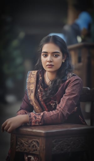 A serene portrait of Mallu beauty, a cool light illuminates her gentle face, framed by a soft focus blurred background. She sits comfortably on a intricately carved wooden stool, her hands folded in her lap. Her eyes, like pools of calm water, gaze softly into the distance, radiating kindness and wisdom.,ആതിര 