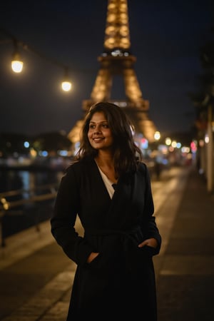 1girl, beautiful, paris, eiffel, night, masterpiece, best quality, high resolution, 8k, sharp focus, cinematography, cinematic lighting, movie scene, muted colors, professional, depth of field, photorealistic, magnificent, maximum details, (RAW, dslr, hdr, highest quality), smooth, roughness, hyper realistic, film grain, bokeh, epic, dramatic, wearing long coat, cinematic long shot, wide shot, full body shot, her long, looking at camera, smile, stand pose,Mallu woman,Mallu beauty 