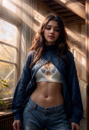 Lovely cute young attractive indian  girl, 35 years old, navel, cute, Instagram model, long black_hair, colorful hair,  They are wearing a white, patterned sweater and blue jeans. The background is bright, with sunlight streaming in through windows or open doors.  , indian ,Girl