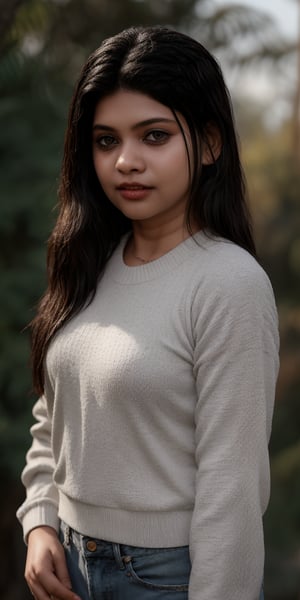 A serene portrait of a young girl with striking features. The shot is framed against a neutral background, allowing her to take center stage. Her long, raven-black hair cascades down her back in two delicate twin braids, which perfectly complement her piercing black eyes. A soft, cozy sweater adorns her torso, adding a touch of warmth to the overall mood. Her lips are painted with a subtle shade that adds a hint of sweetness to her enigmatic expression. The lighting is gentle and natural, casting a flattering glow on her porcelain skin.