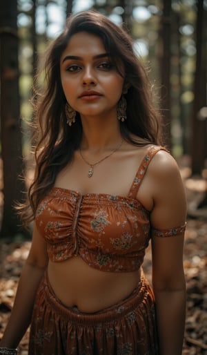 a woman with long, wavy brown hair stands in a forest. She is dressed in a two-piece outfit,creating a peaceful and natural backdrop.,mallu,Traditional,The image is captured using a Fujifilm cinematic camera, with dramatic cinematic lighting enhancing the deep shadows and bright highlights. making her the clear focal point. The camera angle is low, looking slightly upwards to give her an empowering, larger-than-life presence. The textures of the costume and her skin are rendered in high definition, with the soft, natural lighting adding a dreamlike quality to the image., (RAW photo, best quality), (realistic, photo-Realistic:1.1), best quality, masterpiece, beautiful and aesthetic, 16K, (HDR:1.2), high contrast, (vibrant color:1.3), (muted colors, dim colors, soothing tones:0), cinematic lighting, ambient lighting, sidelighting, Exquisite details and textures, cinematic shot, Warm tone, (Bright and intense:1.1), wide shot, by xm887, ultra realistic illustration, siena natural ratio,	head to thigh portrait,	long Wave hair, Traditional,Midjourney_Whisper