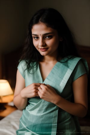 A stunning 25-year-old woman with short hair and double eyelids sits serenely in a dimly lit bedroom, her glowing skin glistening with subtle sheen. Glossy blue eyes lock onto the camera, surrounded by delicate facial features. Her hands gently cover her chest, where wet oil hair cascades down her navel. A traditional mallu ornaments-adorned saree flows effortlessly around her, under a 35mm lens capturing every intricate detail.