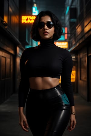 A stylish Mallu girl with a curvy, sexy figure poses confidently in a modern, non-traditional outfit adorned with traditional ornaments. She wears oversized, colorful sunglasses and a bold, patterned turtleneck that stands out against a teal and orange background, graded with cinematic color tones. The scene captures a complex, action-oriented pose reminiscent of cyberpunk themes from Blade Runner and The Matrix, set in a highly stylized, photorealistic CGI environment. The abstract, textured background adds a pop art flair with bold, vibrant colors, enhancing the modern, high-quality 32K masterpiece. Studio lighting accentuates every detail, bringing a mix of traditional elements and futuristic vibes together in this dynamic composition