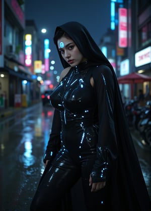 A stunning cyberpunk cyborg nun, dressed in a sleek, form-fitting black and silver outfit with neon blue accents, stands confidently in a dark futuristic city. Her body is a perfect fusion of human and advanced cybernetic enhancements, with glowing circuitry visible beneath her skin. Her face is a blend of beauty and technology, with metallic features and one glowing eye. Her veil flows behind her, adorned with digital patterns. The setting is illuminated by neon signs, with rain slicked streets reflecting vibrant colors. She exudes both sensuality and power, a perfect mix of divine and technological allure.
