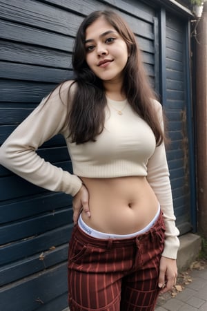 1girl, solo, long hair, looking at viewer, brown hair, shirt, long sleeves, navel, brown eyes, upper body, midriff, striped, pants, blurry, sweater, lips, blurry background, denim, hands on hips, striped shirt, realistic