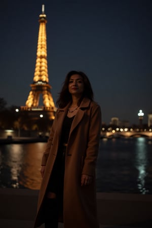 1girl, beautiful, paris, eiffel, night, masterpiece, best quality, high resolution, 8k, sharp focus, cinematography, cinematic lighting, movie scene, muted colors, professional, depth of field, photorealistic, magnificent, maximum details, (RAW, dslr, hdr, highest quality), smooth, roughness, hyper realistic, film grain, bokeh, epic, dramatic, wearing long coat, cinematic long shot, wide shot, full body shot, her long, looking at camera, smile, stand pose,Mallu woman