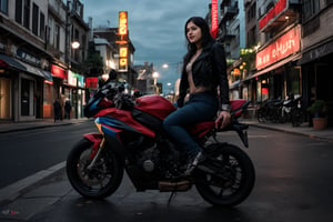 A stunning Malayali woman with short hair, dressed in a modern, stylish outfit that exposes her midriff. She is confidently riding a BMW S1000RR motorcycle, captured in a realistic, high-definition photography style. The woman has an expressive face, reflecting excitement and thrill as she rides the bike. Her outfit is contemporary, perhaps a crop top paired with high-waisted jeans or a leather jacket, fitting the sleek and bold vibe of the scene.

The image is color graded in a cinematic style, reminiscent of the Matrix movie, with a strong teal and orange color palette that enhances the intensity of the scene. The lighting creates a dramatic effect, highlighting the contours of her face and the shine of the motorcycle. The background is slightly blurred to emphasize motion, but still hints at an urban environment. The overall composition exudes a sense of modernity, freedom, and adventure, with the woman and the bike as the focal points.
