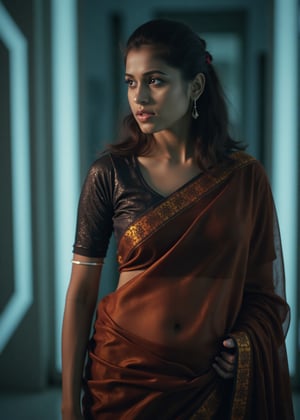 Tron legacy movie style, A stunning portrait of a 25-year-old woman wearing a saree, captured with a Canon 1DX and 50mm f/2.8 lens. The framing of the shot emphasizes her curves as she poses confidently, navel exposed. Soft, natural lighting accentuates her features, while the high-resolution image quality reveals intricate details in the fabric of her attire.,Girl25yo,Futuristic,XChrisx