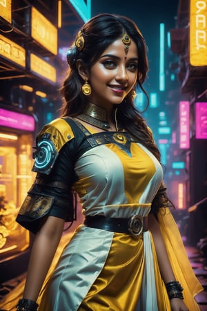 cyberpunk style, neon line light, Future scenario , (8K, Raw-Photo, Top Quality, ​masterpiece: 1.1),hyper detailed, 2 girls, yound beautiful Indian girls, Indian white face without makeup, film, photography realism, smooth skin, ultra hd, 20 year old,proper breasts ,pretty face, attractive body shape, realistic ,1 girl,yellow pair of flared pants(sharara)_dress,, looking gorgeous,shot with Canon EOS R5, 85mm lens,full body view , only,stood near drum bands, decorative stage,smiling, one of them is laughing, super realistic,unmarried fashion, different yellow indian  sharara dresses,Human bones,redneonstyle