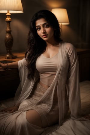 A stunning Mallu beauty poses against a warm-toned backdrop in a cinematic photo. Soft sidelighting enhances her features, while vibrant colors (1.3) and high contrast (HDR:1.2) create depth. Her long, flowing hair cascades down to thigh level, framing her face. Exquisite details and textures are captured in 16K resolution, with a realistic (photo-realistic:1.1) quality that's almost three-dimensional. The overall mood is warm and inviting, with ambient lighting adding to the sense of intimacy.