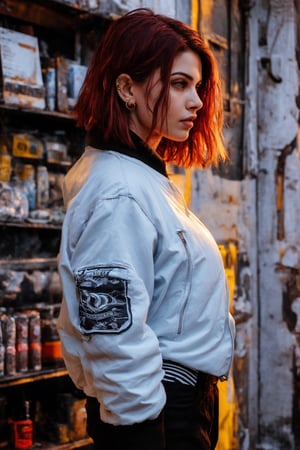 Best quality, masterpiece, woman, big boob , red hair, short hair, yellow eyes, spiky hair, tattoos, black pants, upper body, ear piercings, blue and white bomber jacket, profile picture, smoking,27 yo