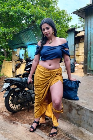 1girl, yellow colour dress, mallu, solo, long hair, skirt, black hair, navel, jewelry, standing, full body, earrings, outdoors, midriff, off shoulder, crop top, sandals, , long skirt, realistic, off-shoulder shirt,Thrissur