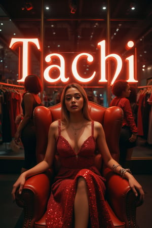 create me something beautiful, sexy, A beautiful woman, dressed in high fashion, sits on a throne in a luxurious boutique shop, surrounded by perfect cinematic lighting. Behind her, the shop's name "Tachi" is displayed in oversized glowing letters, commanding attention. Girls in the background casually explore the dresses on display. The scene highlights both the elegance of the boutique and the glowing, bold shop name.
