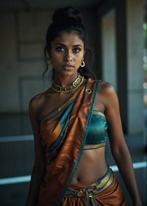 Tron legacy movie style, A stunning portrait of a 25-year-old woman wearing a saree, captured with a Canon 1DX and 50mm f/2.8 lens. The framing of the shot emphasizes her curves as she poses confidently, navel exposed. Soft, natural lighting accentuates her features, while the high-resolution image quality reveals intricate details in the fabric of her attire.,Girl25yo,Futuristic,XChrisx