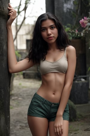 A 15-year-old girl with long brown hair and bright green eyes stands confidently outdoors, framed by the sun's warm rays casting a golden glow on her freckled nose. She wears short hot pants and a subtle upper, her lips curled into a gentle smile as she gazes directly at the viewer, her gaze sharpened by the delicate flower adorning her navel. A slender branch stretches out in the background, almost touching her shoulder, adding depth to the composition. In the forefront, her brown hair blows gently in the wind, framing her face and drawing attention to her captivating smile. The camera's focus is on her mesmerizing gaze, with a hint of blurred flower petals adding texture to the image. A slim- fit energy light particle mecha hovers near her head, its sparks and particles dancing around her in shimmering harmony, creating a sense of movement and energy.