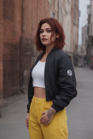 27yo woman , bare_midriff , red hair, short hair, yellow eyes, spiky hair, tattoos, black pants, upper body, city:1, ear piercings:1.2, blue and white bomber jacket, profile picture, ,27 yo,photorealistic
