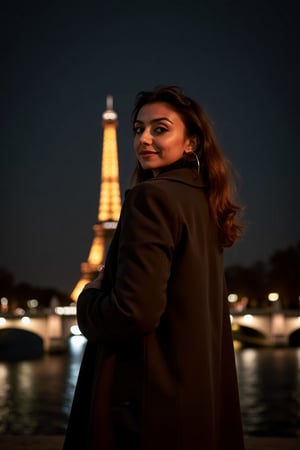 1girl, beautiful, paris, eiffel, night, masterpiece, best quality, high resolution, 8k, sharp focus, cinematography, cinematic lighting, movie scene, muted colors, professional, depth of field, photorealistic, magnificent, maximum details, (RAW, dslr, hdr, highest quality), smooth, roughness, hyper realistic, film grain, bokeh, epic, dramatic, wearing long coat, cinematic long shot, wide shot, full body shot, her long, looking at camera, smile, stand pose,Mallu woman