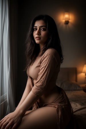 A stunning Mallu beauty poses against a warm-toned backdrop in a cinematic photo. Soft sidelighting enhances her features, while vibrant colors (1.3) and high contrast (HDR:1.2) create depth. Her long, flowing hair cascades down to thigh level, framing her face. Exquisite details and textures are captured in 16K resolution, with a realistic (photo-realistic:1.1) quality that's almost three-dimensional. The overall mood is warm and inviting, with ambient lighting adding to the sense of intimacy.