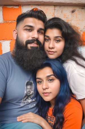 A beard man,30yo, with his girlfriend,  1girl 20yo , realistic, Fujifilm tx3, cinematic colour grading, blue and orange, 
,30 yo man