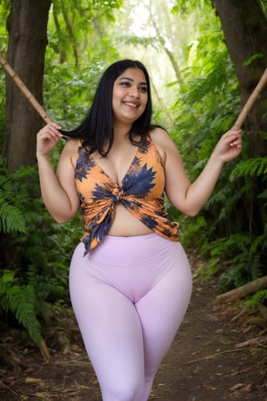 A chubby Indian woman confidently stands amidst the vibrant foliage of a lush forest, her silky yellow top with a deep neckline and front knot glistening in the dappled sunlight. Her peach-colored leggings blend harmoniously with the surrounding greenery as she holds two sticks, exuding warmth and joy. A gentle smile plays on her lips, radiating a sense of adventure and contentment.