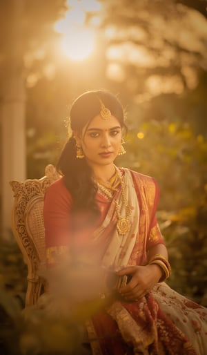 A serene portrait of Kalayani Priyadarshan: A warm golden light illuminates her gentle face, framed by a soft focus blurred background. She sits comfortably on a intricately carved wooden stool, her hands folded in her lap. Her eyes, like pools of calm water, gaze softly into the distance, radiating kindness and wisdom.,ആതിര 