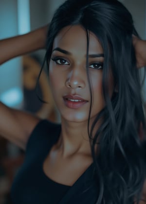 Tron legacy movie style, A stunning portrait of a 25-year-old woman wearing a saree, captured with a Canon 1DX and 50mm f/2.8 lens. The framing of the shot emphasizes her curves as she poses confidently, navel exposed. Soft, natural lighting accentuates her features, while the high-resolution image quality reveals intricate details in the fabric of her attire.,Girl25yo,Futuristic,Tran 