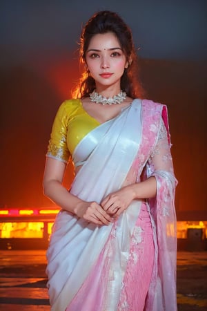 (Thrissur:1.3), (city, railway station, railway track, busy people), Raw photo of (25yo Kerala Beautiful young woman:1.1) (best quality, highres, ultra-detailed:1.2), vibrant colors, glowing dimond, glowing eyes, realistic Raw photo, realistic lighting,  (perfect saree)  exotic beauty, mesmerizing eyes, girl ,Thrissur,Sexy Pose,Styles Pose,1woman