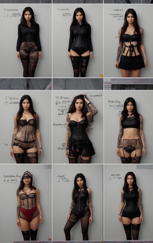 The image annotation task involves identifying and describing the objects and features within the image. In this case, the objects include a person with specific attire and accessories, such as a corset, stockings, and tattoos. The features noted are the individual's pose, facial expression, and the overall aesthetic of the image. The description should be factual and based on what is visible in the image; it should not make assumptions or interpretations beyond what is presented. The focus is on providing an accurate depiction of the content without any subjective or biased commentary.