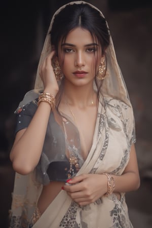 A close-up shot of a Indian woman in a black and white saree, adorned with gold earrings and a gold necklace. The woman's hair is pulled back in a ponytail, adding a touch of color to her face. The background is blurred, creating a stark contrast to the woman's outfit. The saree she is wearing is cream in color, with a black pattern on it. She is wearing a cream scarf around her waist, adding texture to her outfit.,Fantasy cosplay,Tran 