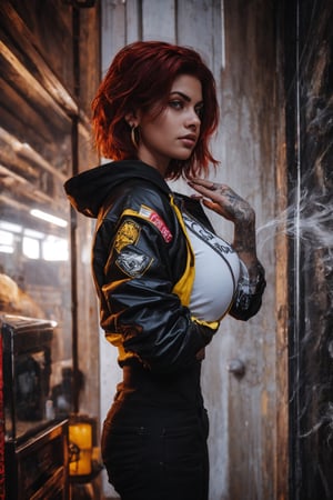Best quality, masterpiece, woman, big boob , red hair, short hair, yellow eyes, spiky hair, tattoos, black pants, upper body, ear piercings, blue and white bomber jacket, profile picture, smoking,27 yo