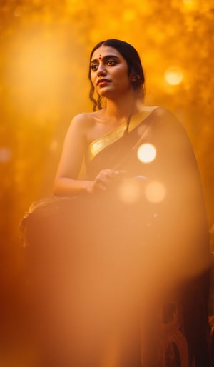 A serene portrait of Kalayani Priyadarshan: A warm golden light illuminates her gentle face, framed by a soft focus blurred background. She sits comfortably on a intricately carved wooden stool, her hands folded in her lap. Her eyes, like pools of calm water, gaze softly into the distance, radiating kindness and wisdom.,ആതിര 