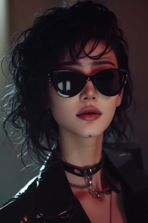 dol of chicago, a beautiful slim curvy pale goth girl with asymmetrical punk rock hair and badass euro design sunglasses. mole on cheek. half portrait by stanley artgerm, dramatic lighting, by nagel, shin jeongho, nick silva and ilya kuvshinov, deviantart