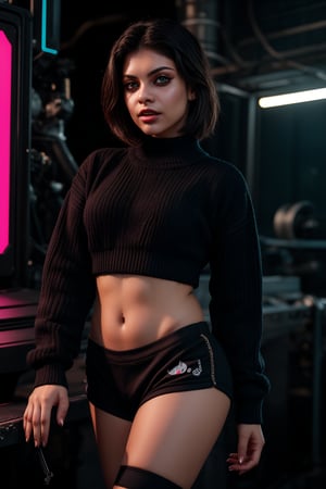 a beautiful female model, a beautiful young woman her striking red eyes and short black hair contrasting against her partially exposed,mechanically enhanced neck. She dons a black sweater adorned with white logos and text, while her black shorts are tucked into her intricate, detailed mechanical legs. The bold and striking appearance of the character is accentuated against a bright pink background, creating an immersive, cinematic experience that blends human and machine elements seamlessly within the cyberpunk aesthetic.