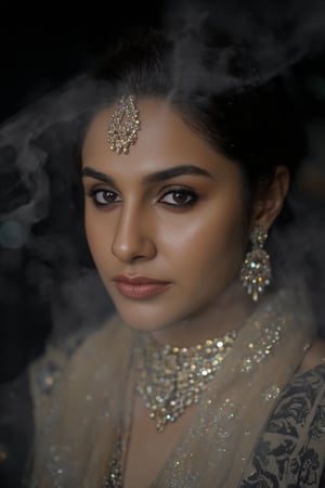 A close-up shot of a Indian woman in a black and white saree, adorned with gold earrings and a gold necklace. The woman's hair is pulled back in a ponytail, adding a touch of color to her face. The background is blurred, creating a stark contrast to the woman's outfit. The saree she is wearing is cream in color, with a black pattern on it. She is wearing a cream scarf around her waist, adding texture to her outfit.,Fantasy cosplay,Tran A dramatic shot, smoky backdrop, a stunning cybernetic girl, metallic confines. She gazes intensely through enhanced, hair soft glow and refracted holographic,