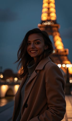 1girl, beautiful, paris, eiffel, night, masterpiece, best quality, high resolution, 8k, sharp focus, cinematography, cinematic lighting, movie scene, muted colors, professional, depth of field, photorealistic, magnificent, maximum details, (RAW, dslr, hdr, highest quality), smooth, roughness, hyper realistic, film grain, bokeh, epic, dramatic, wearing long coat, cinematic long shot, wide shot, full body shot, her long, looking at camera, smile, stand pose,Mallu woman