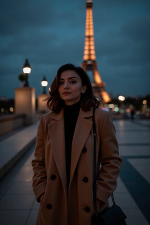 1girl, beautiful, paris, eiffel, night, masterpiece, best quality, high resolution, 8k, sharp focus, cinematography, cinematic lighting, movie scene, muted colors, professional, depth of field, photorealistic, magnificent, maximum details, (RAW, dslr, hdr, highest quality), smooth, roughness, hyper realistic, film grain, bokeh, epic, dramatic, wearing long coat, cinematic long shot, wide shot, full body shot, her long, looking at camera, smile, stand pose,Mallu woman