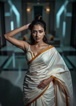 Tron legacy movie style, A stunning portrait of a 25-year-old woman wearing a saree, captured with a Canon 1DX and 50mm f/2.8 lens. The framing of the shot emphasizes her curves as she poses confidently, navel exposed. Soft, natural lighting accentuates her features, while the high-resolution image quality reveals intricate details in the fabric of her attire.,Girl25yo,Futuristic 