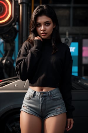 a beautiful female model, a beautiful young woman her striking red eyes and short black hair contrasting against her partially exposed,mechanically enhanced neck. She dons a black sweater adorned with white logos and text, while her black shorts are tucked into her intricate, detailed mechanical legs. The bold and striking appearance of the character is accentuated against a bright pink background, creating an immersive, cinematic experience that blends human and machine elements seamlessly within the cyberpunk aesthetic.